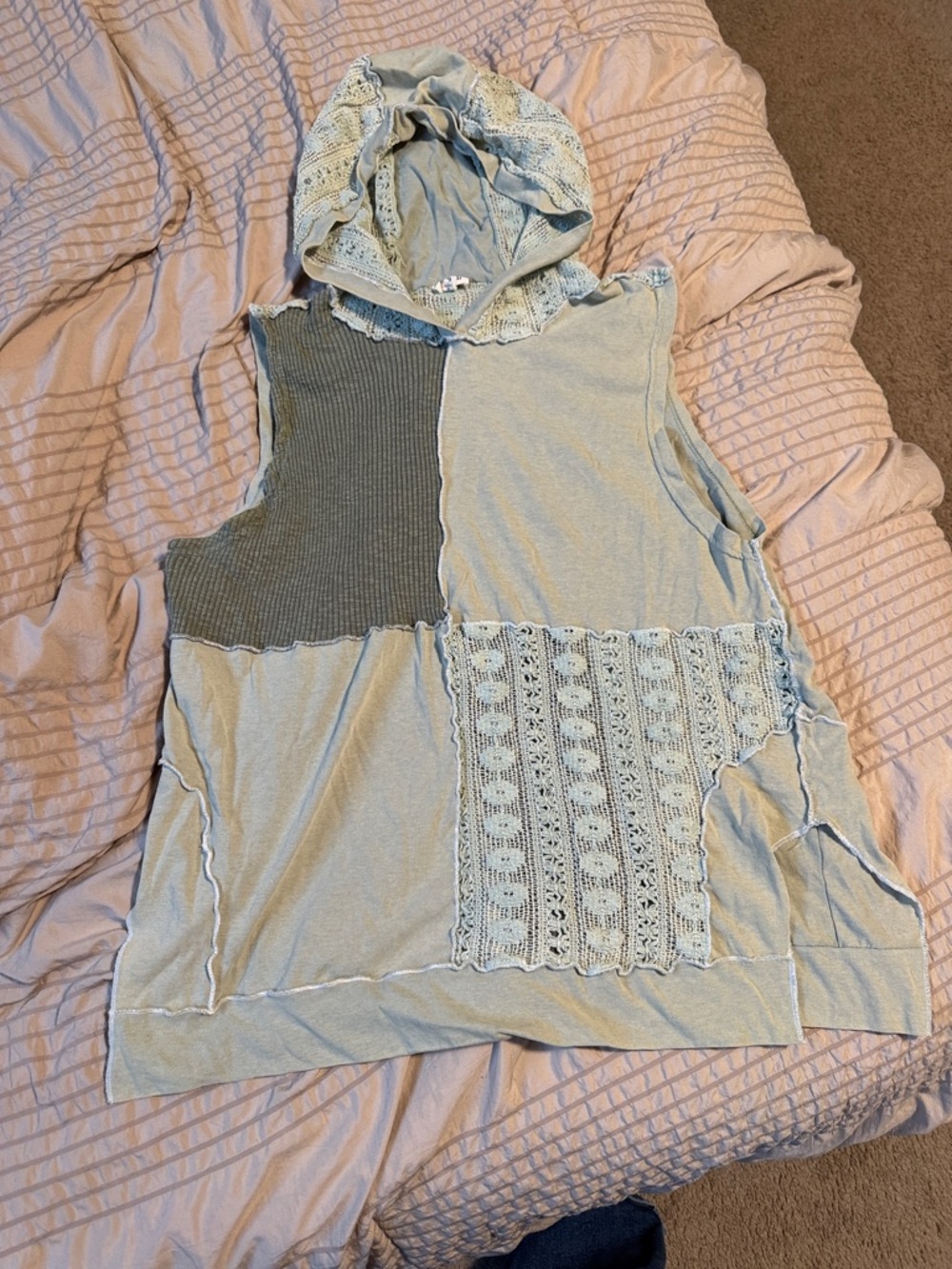 POL Patchwork Knit & Lace Sleeveless Hoodie - Light Blue
